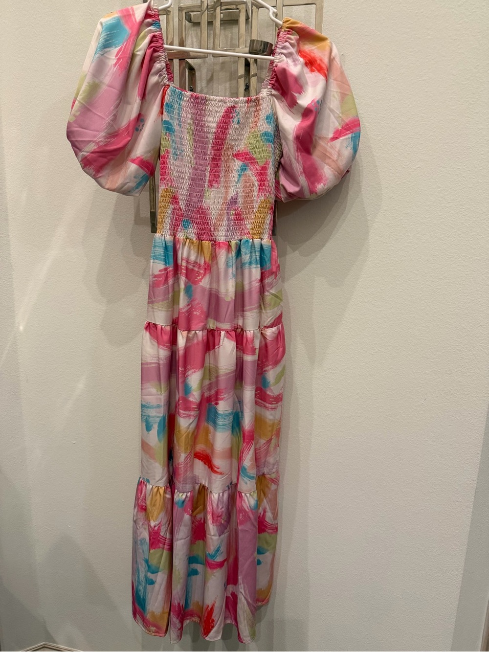 Colorful Puff Sleeve Tiered Maxi Dress - Pink Multi